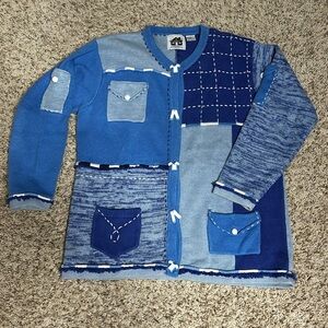 Storybook Knits Blue Patchwork Sweater Size L, Excellent Condition